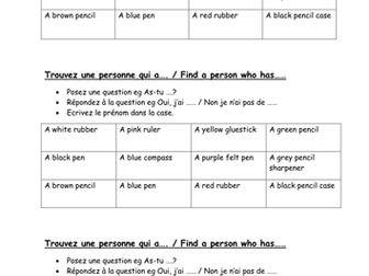 Colours &items in a school bag/ pencil case