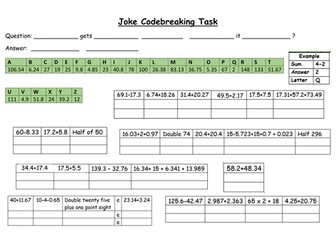 Joke codebreaking worksheet + and - decimals.
