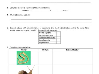 Classification & Characters of Living Things Test