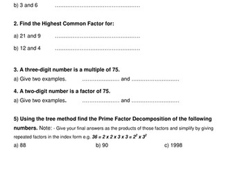 HCF and LCM Worksheet with Venn Diagrams