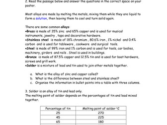 Metal alloys literacy and numeracy task