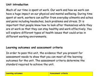 BTEC Workskills (E3) Unit 15: Managing your health at work