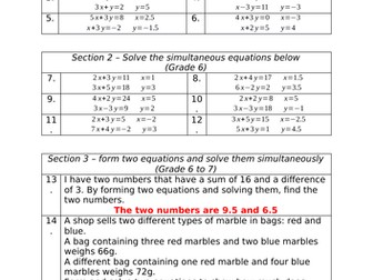 Simultaneous Equations - Graded Worksheet