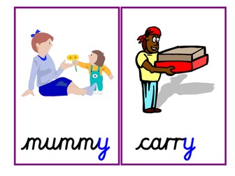 Phase 5: alternative pronunciations of the letter 'y' [cry, baby, gym], cards, pics, chart & ppt