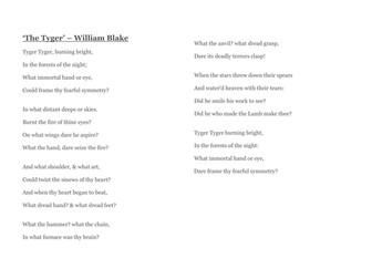 'Menu' style lesson on 'The Tyger' - William Blake