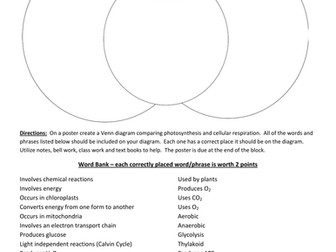 Photosynthesis Cellular Respiration Venn Diagram Teaching Resources