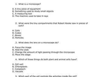 Plant and Animal Cell Quiz Worksheet