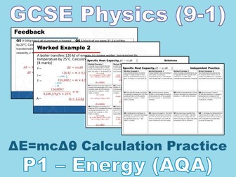 Specific Heat Capactity, ΔE=mcΔθ - SLOP Calculations Worksheet with Answers