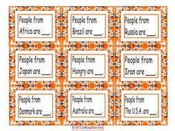 Nationalities and Origin Cards 4 Pages = 36 Cards