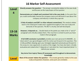 A LEVEL BUSINESS - AQA - 9 & 16 MARK SELF/PEER ASSESSMENT GRIDS