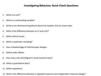 Eduqas Psychology Investigating Behavior Quick Check Questions