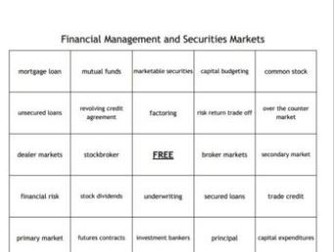 "Financial Management and Securities Markets" Bingo set for a Business Course