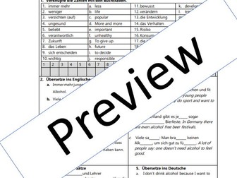 Auf Alkohol verzichten - ein Trend A2-B1 German Vocabulary and Translation Worksheet