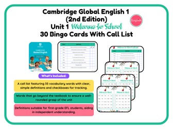 Cambridge Global English 1-Unit 1 Vocabulary Bingo – Fun Classroom Game