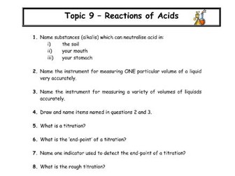 National 5 Chemistry Unit 1 Section 5 Reactions of Acids Revision Questions