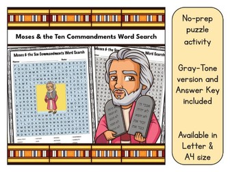 Moses and the Ten Commandments Word Search Bible Puzzle Activity Worksheet