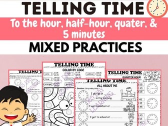 Telling time to the minutes/ Mixed practice (Color by code, Matching, Drawing..)