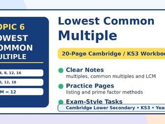 20-page Lowest Common Multiple Workbook is designed for Cambridge Lower Secondary, KS3, Year 7, Year