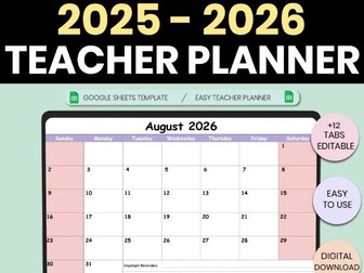 2025–2026 Teacher Planner Google Sheets | Editable School Year Calendar | Academ