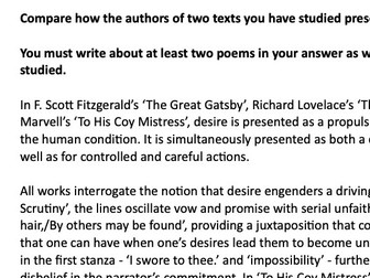 A LEVEL ENGLISH LIT ESSAY: 'Desire' in 'The Great Gatsby', 'The Scrutiny' and 'To His Coy Mistress'