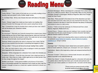 Reading Task Menu - WBD or reading afternoon