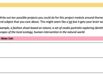 Ten Ideas Task Generating art or photography project ideas worksheet.