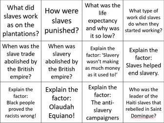 Question cards on Slavery and the beginnings of the British Empire.