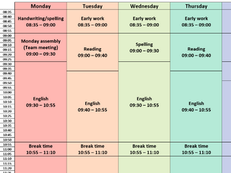 Weekly timetable (rainbow, 5 min intervals)