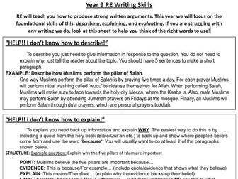 KS3 Writing Skills Help Sheets - describe, explain, evaluate