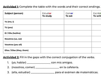 Present Tense Worksheet  - Spanish (Y7)