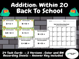Addition: Within 20 | Task Cards + Answer Key | Back to School | Second Grade