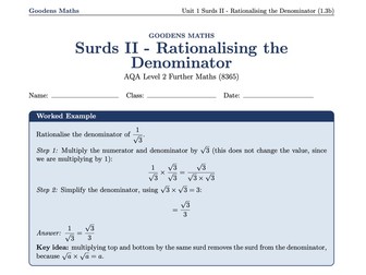 Rationalising the Denominator Worksheet - Surds