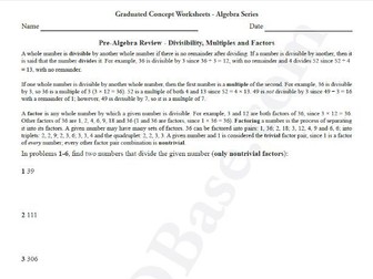 Basic Algebra Worksheet 1 – Pre-Algebra Review - Divisibility, Multiples and Factors