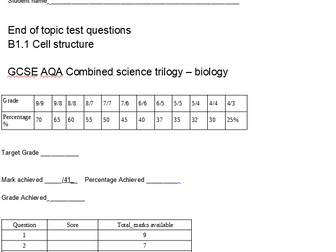 B1.1 Cell structure test and markscheme GCSE AQA combined