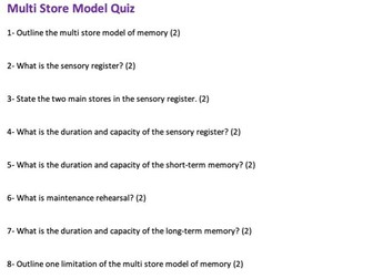 AQA A Level Psychology Memory Quiz (Multi-Store Model)