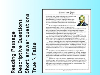 Vincent van Gogh Biography Reading Comprehension Passage Printable Worksheet PDF