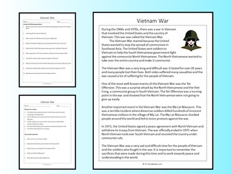 Vietnam War Reading Comprehension Passage Printable Worksheet