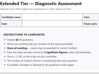 Cambridge IGCSE Mathematics Diagnostic Assessment + Mark Scheme