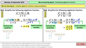 Simplifying algebraic fractions (Quadratics) by cparkinson3 | Teaching ...