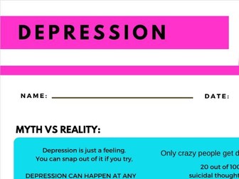 Worksheets for lesson on Depression- Great for KS3, Ages 11-14, Grades 6-8, PSHE, English, RE