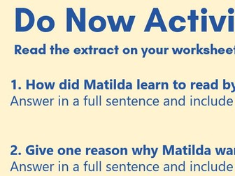 PEE/Impressions Questions lesson based on an extract from Roald Dhal's 'Matilda'