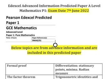 Edexcel A Level Mathematics Predicted Paper 1 Advanced Information 2022