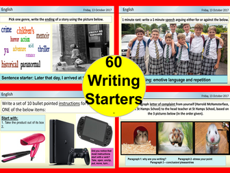 60 WRITING STARTERS- for English  &  literacy. Inc VCOP, SPAG,DEVICES, 25 types of writing