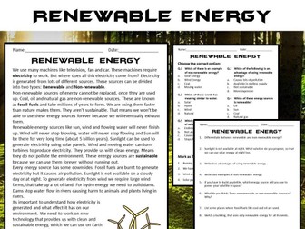 Renewable Energy Reading Comprehension Passage and Questions - PDF