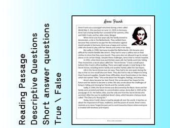 Anne Frank Biography Reading Comprehension Passage Printable Worksheet PDF