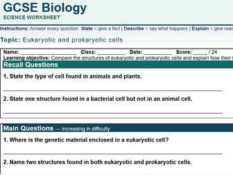 GCSE Biology: Eukaryotic and Prokaryotic Cells Worksheet with Answers