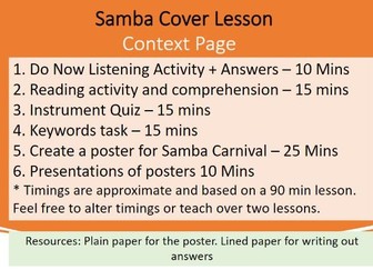 KS3 Music Cover: Samba suitable for non specialists (double lesson)