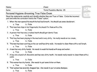 Personal Hygiene-Grooming True False Exam