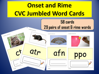 CVC/Onset and Rime Word Cards (58) /29 Pairs of Phonics Onset/Rime Pictures and Words - Pre-K/K