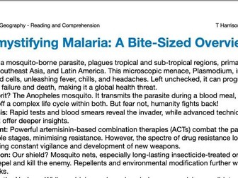 Literacy in Geography (Reading) - Demystifying Malaria: A Bite-Sized Overview